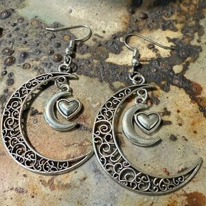 Silver Crescent Moon Heart Earrings